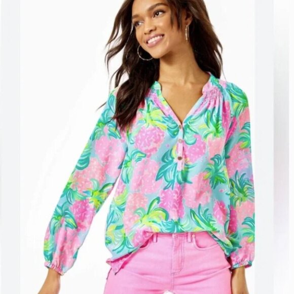 Lilly Pulitzer Tops - Lilly Pulitzer ELSA 100% Silk Top Pineapple Shake size Medium NWT